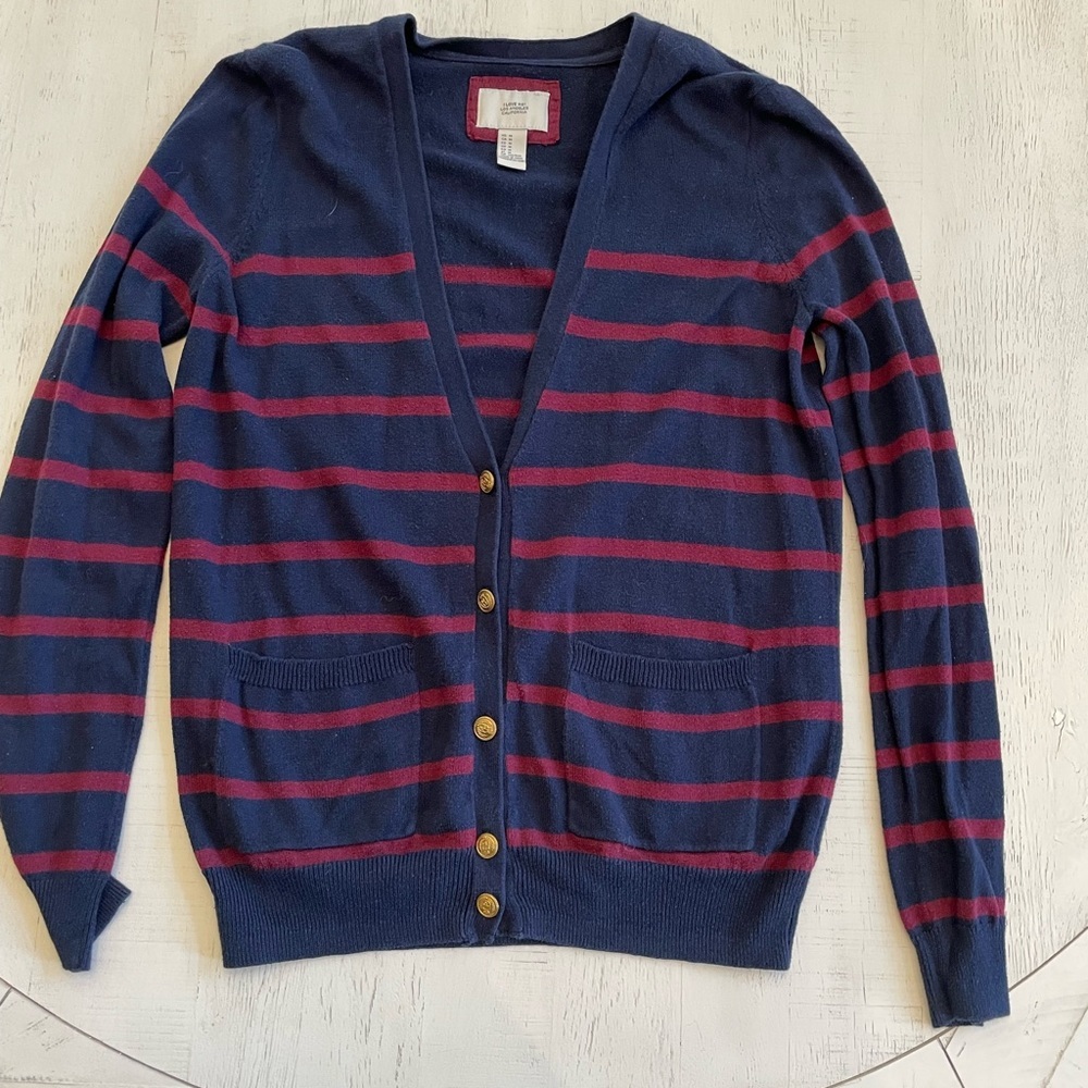 I Love H81 Women’s Cardigan Blue/Maroon Medium Wool Blend Runs Small